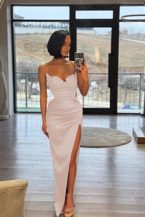 Strapless Sleeveless Long Split Prom Dress With Pleated Sequins