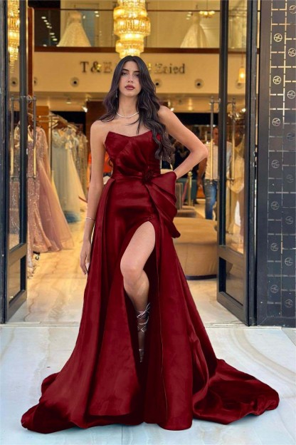 Chic Navy Blue Strapless Sleeveless Long Split Prom Dress With Bowknot