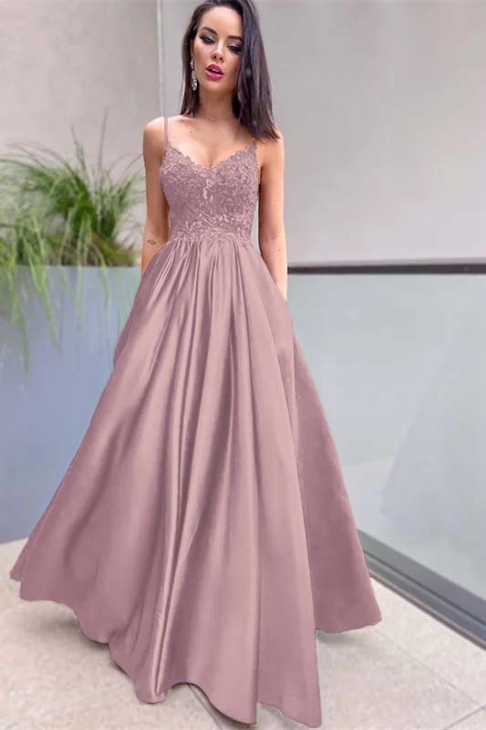 Royal Blue Sleeveless Lace A Line Long Prom Dress Appliques With Pockets