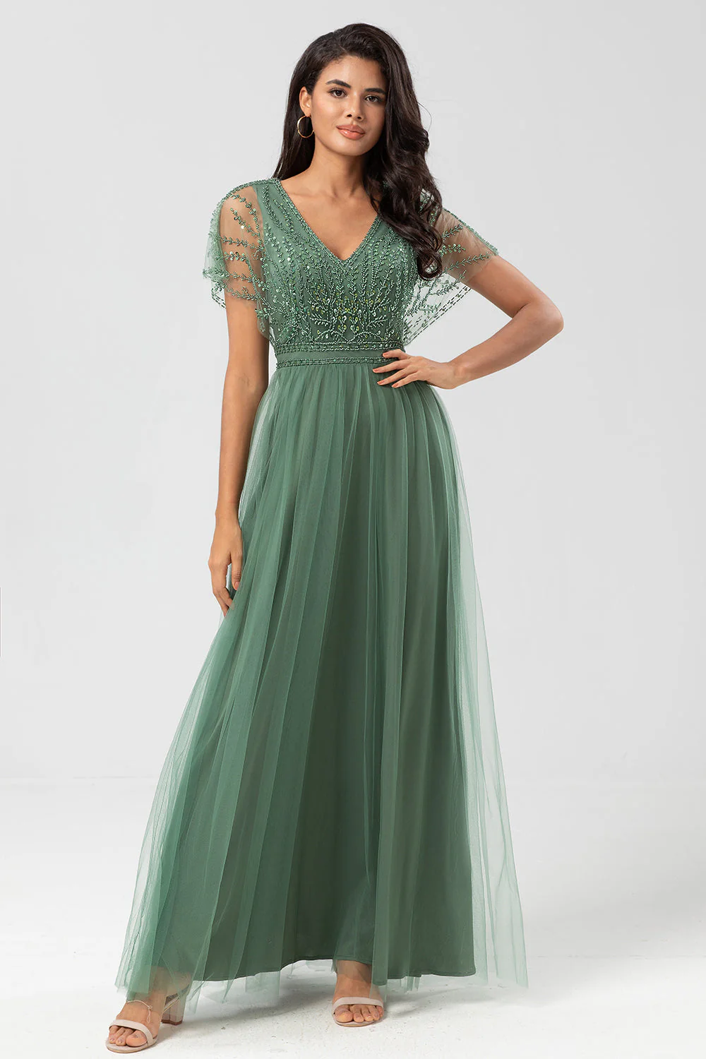 Tulle Short Sleeves V Neck A Line Long Prom Dress With Appliques