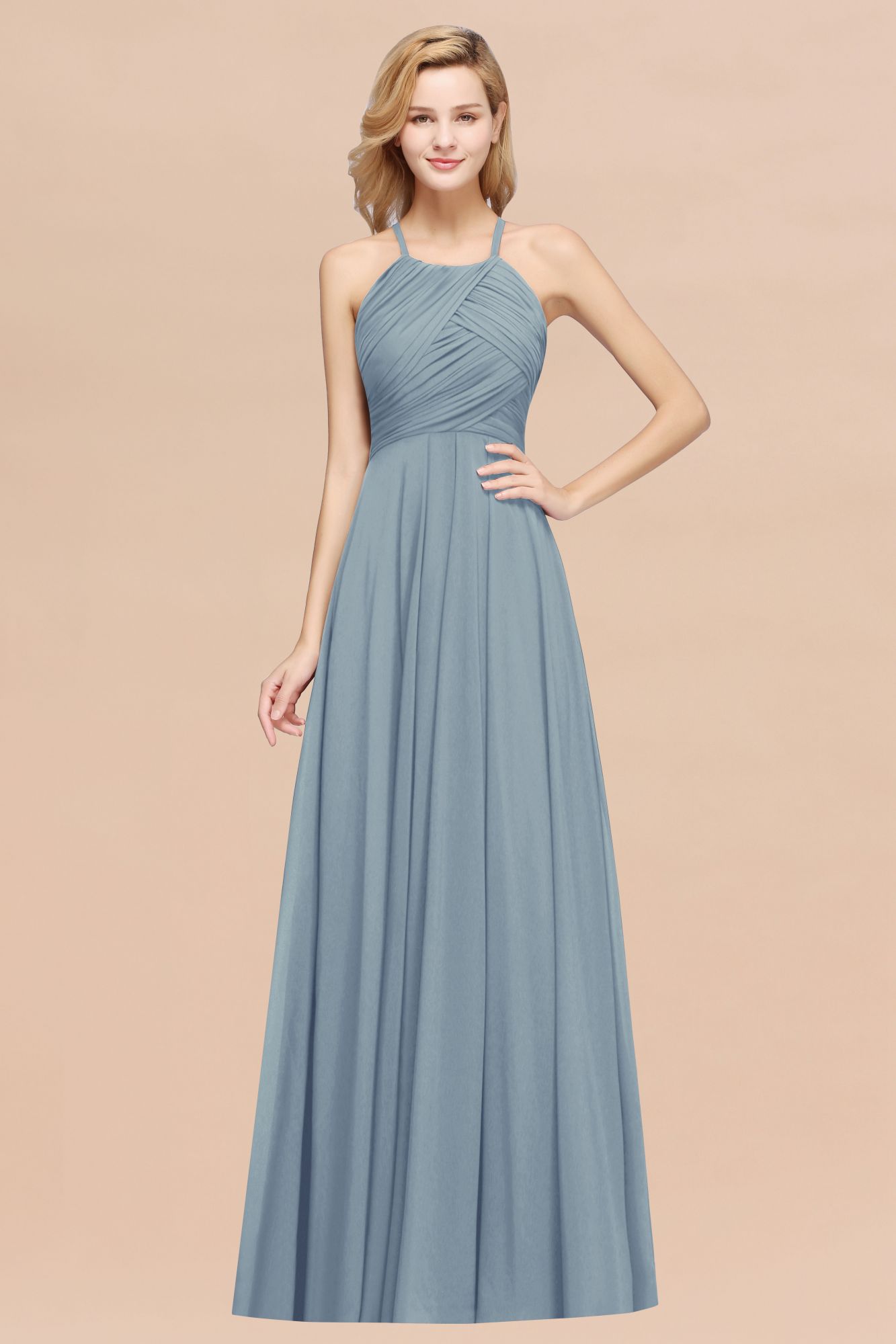 BMbridal Halter Crisscross Pleated Bridesmaid Dress Blue Chiffon Sleeveless Maid of Honor Dress-BMbridal