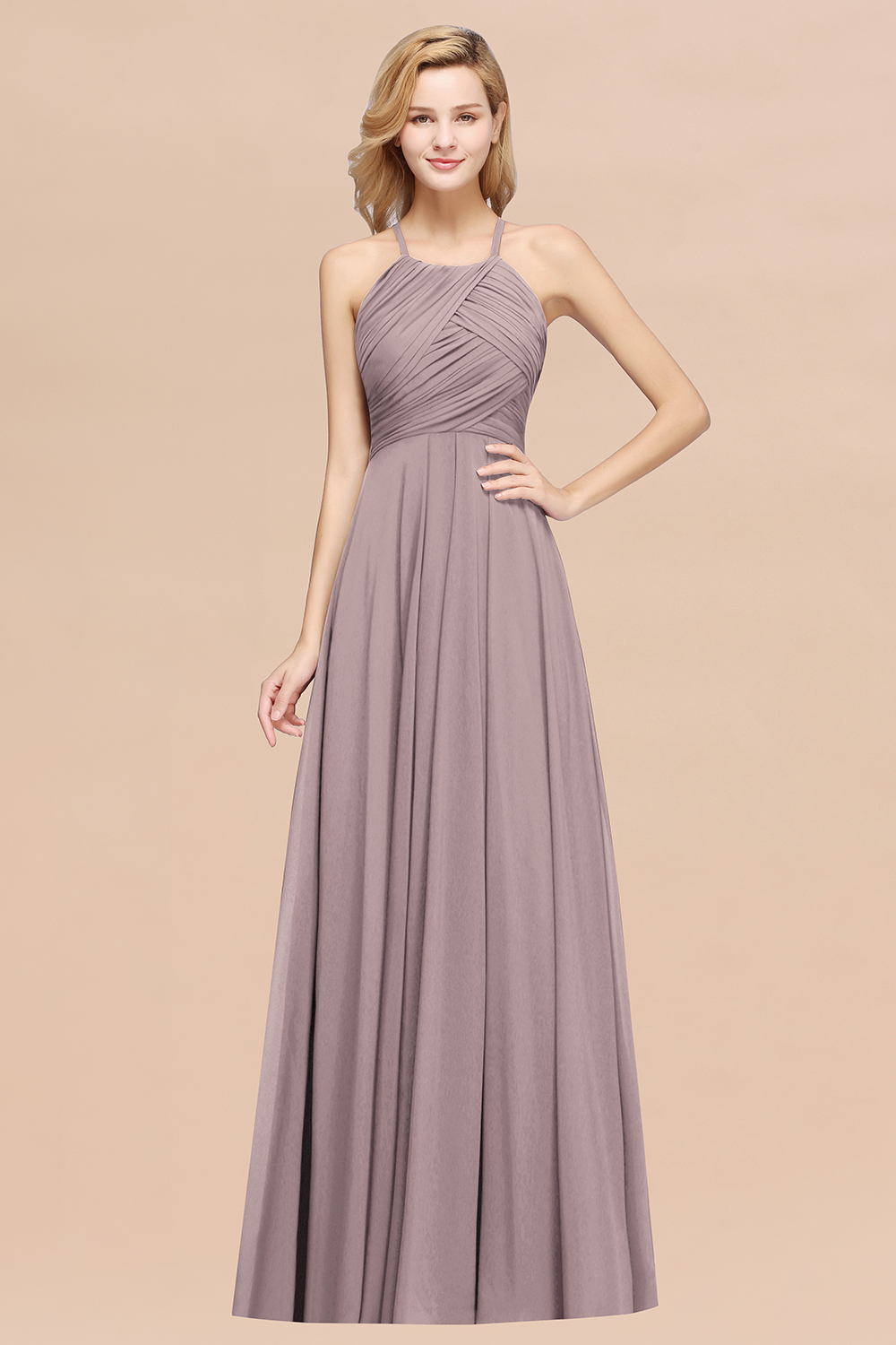 BMbridal Halter Crisscross Pleated Bridesmaid Dress Blue Chiffon Sleeveless Maid of Honor Dress-BMbridal