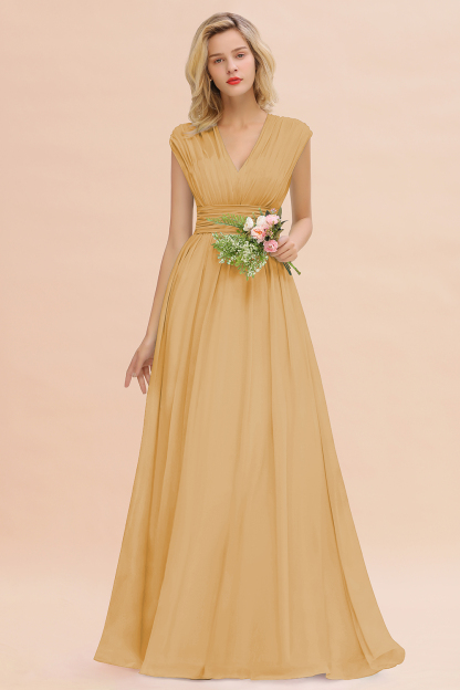 BMbridal Elegant Chiffon V-Neck Ruffle Long Bridesmaid Dresses Affordable-BMbridal