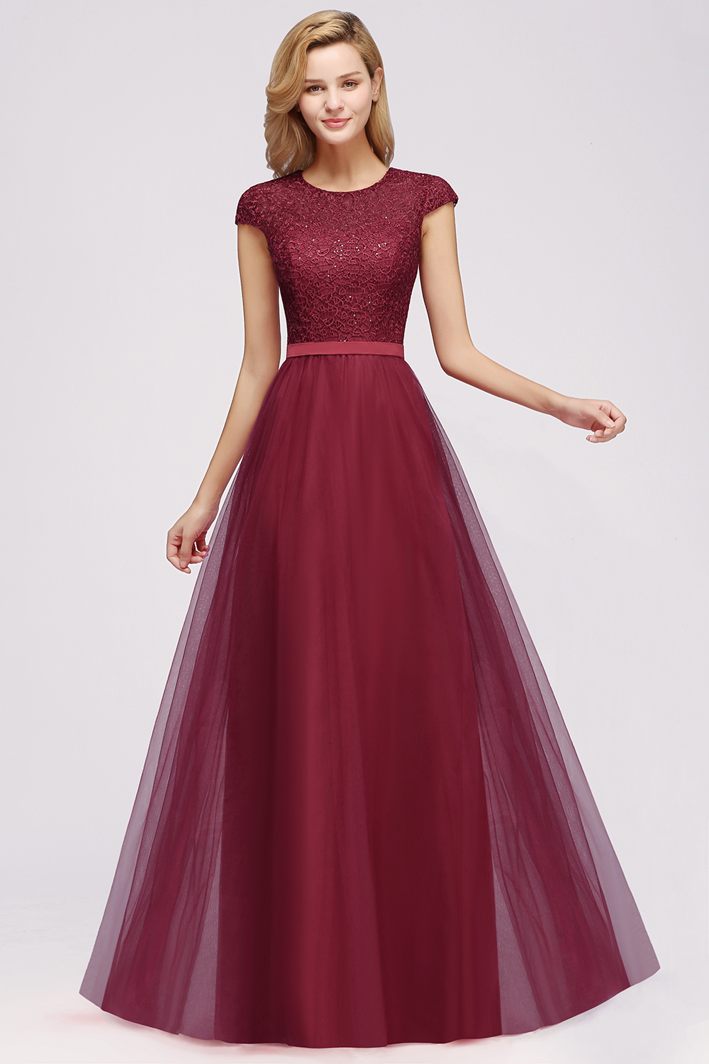 BMbridal Elegant Lace Cap-Sleeves Long Burgundy Birdesmaid Dresses Online-BMbridal