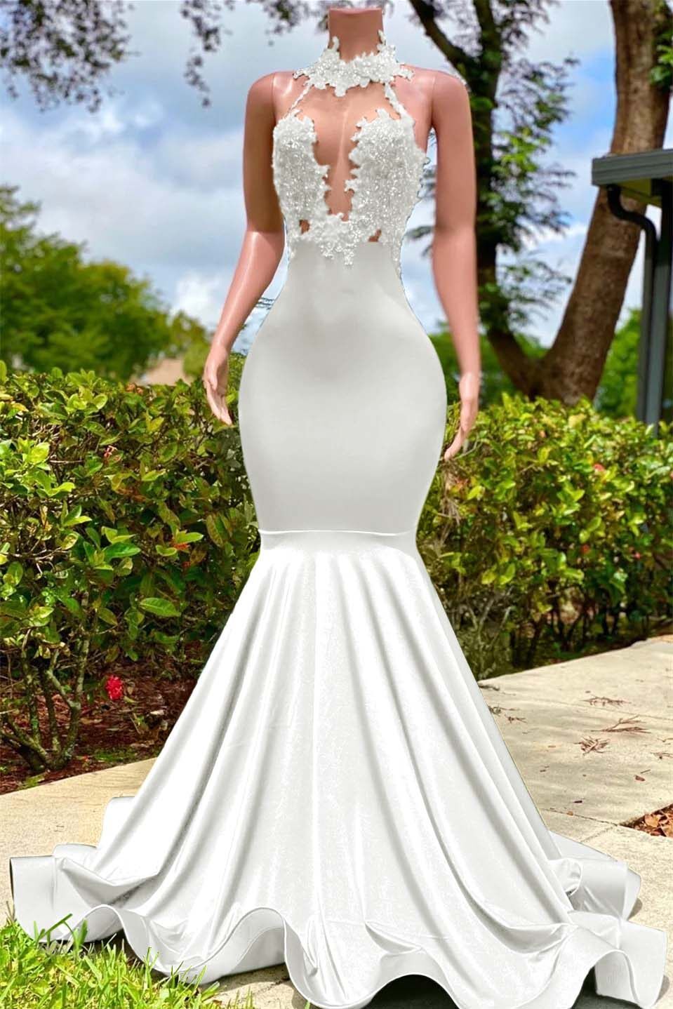 Halter Sleeveless Long Mermaid Prom Dress With Appliques Ruffles