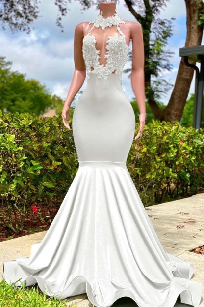 Halter Sleeveless Long Mermaid Prom Dress With Appliques Ruffles