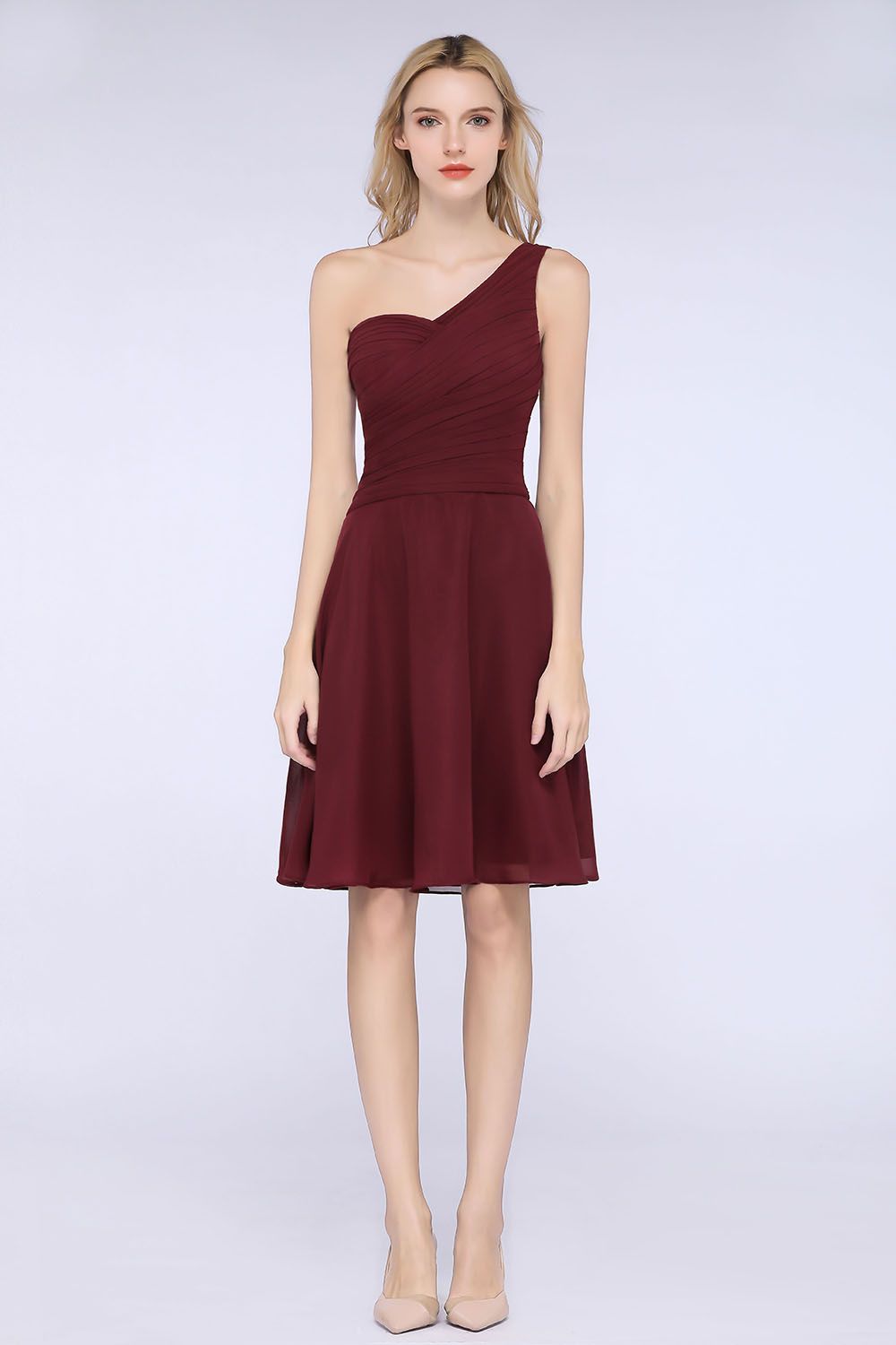 BMbridal Chic One-Shoulder Short Burgundy Affordable Bridesmaid Dress with Ruffle-BMbridal