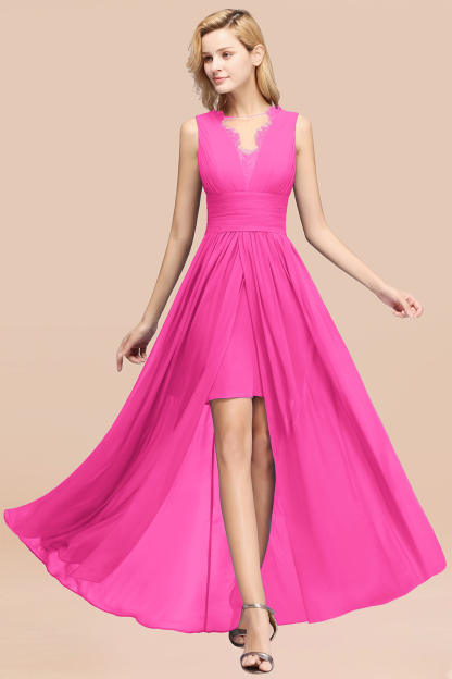 BMbridal Elegant Chiffon Lace Jewel Sleeveless Bridesmaid Dress with Ruffle-BMbridal