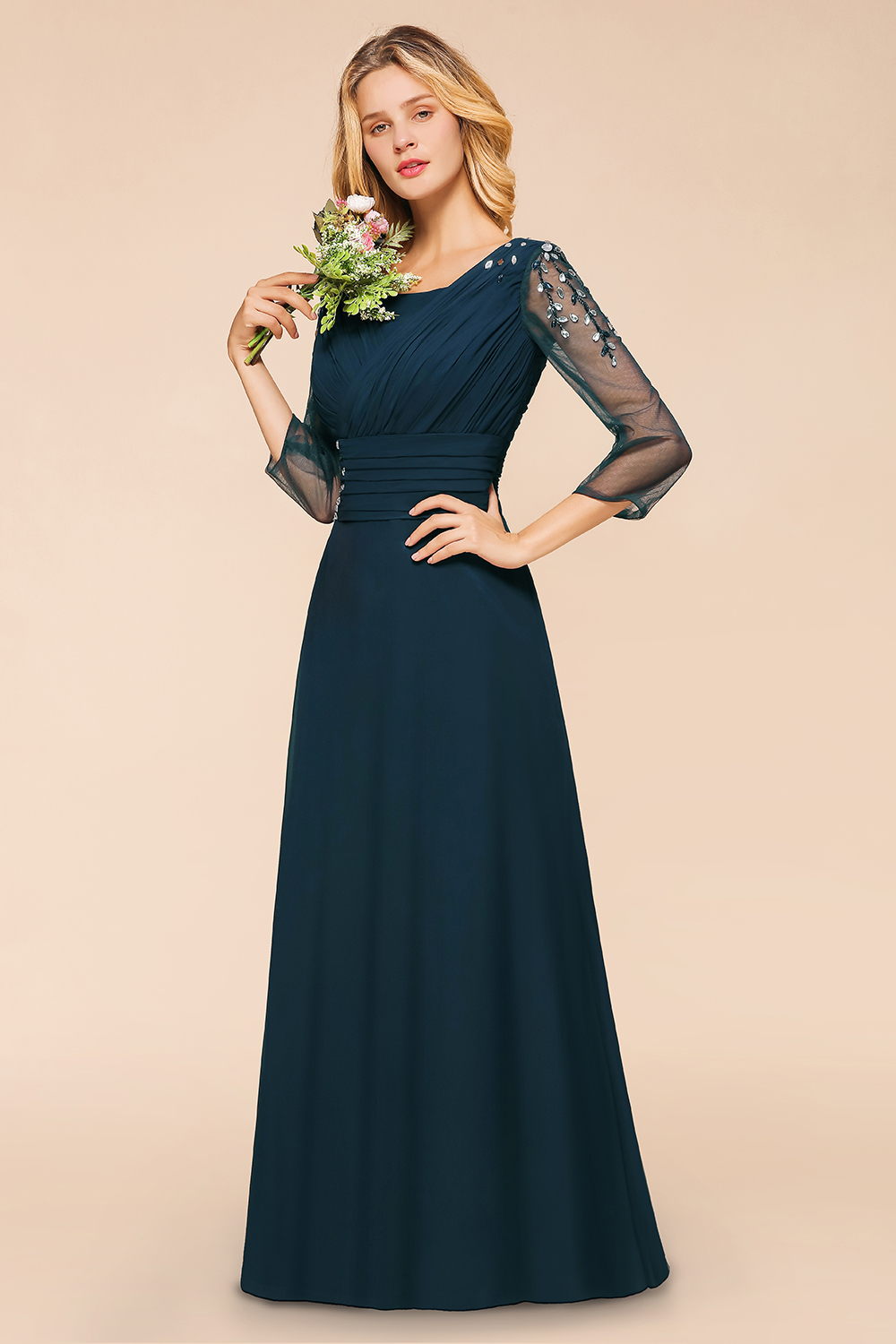 BMbridal Elegant 3/4 Sleeves Ruffle Navy Chiffon Bridesmaid Dresses with Beadings-BMbridal
