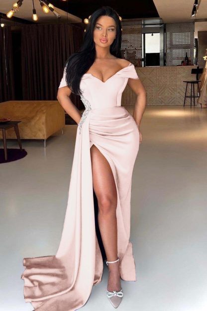 Off the Shoulder Sleeveless Long Split Prom Dress With Pleated