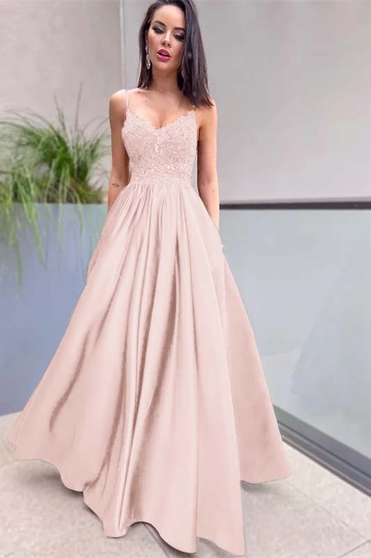 Royal Blue Sleeveless Lace A Line Long Prom Dress Appliques With Pockets