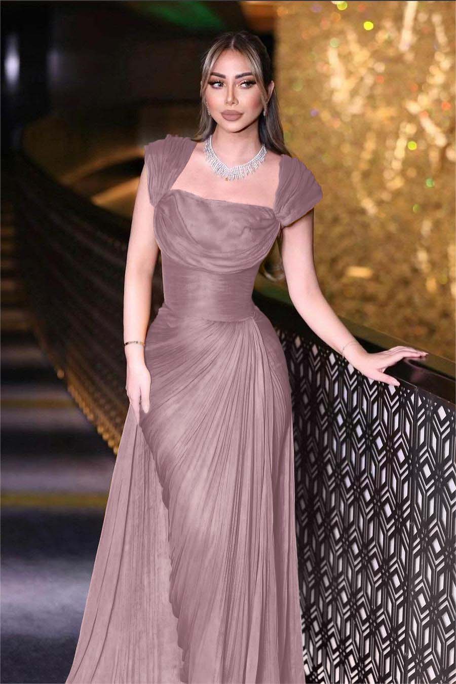 Daffodils Square Neck Sleeveless High Waist Long Pleated Prom Dress With Split