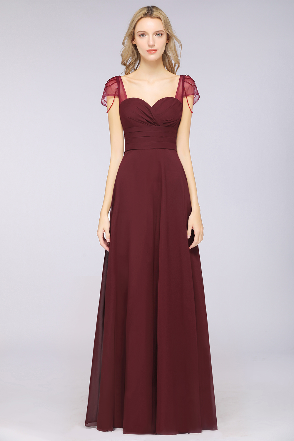 BMbridal Chic Chiffon Sweetheart Cap-Sleeves Ruffle Bridesmaid Dresses with Beadings-BMbridal