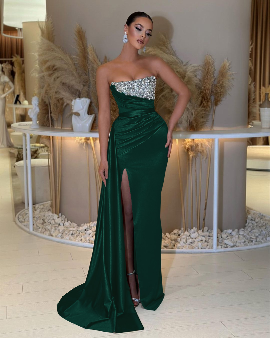 Charming Strapless Sleeveless Beading Sleeveless Split Prom Dress with Ruffles