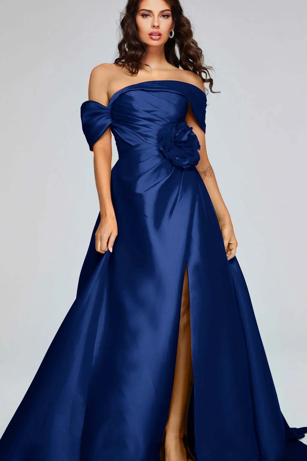 Off the Shoulder Sleeveless Long Split Prom Dress With Pleated