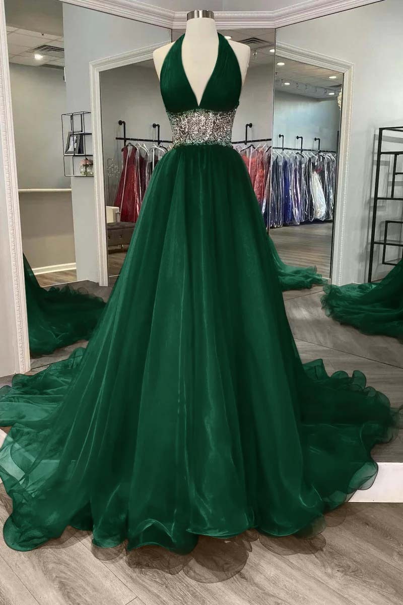 Halter Deep V Neck Sleeveless Long Prom Dress With Beading Ruffle