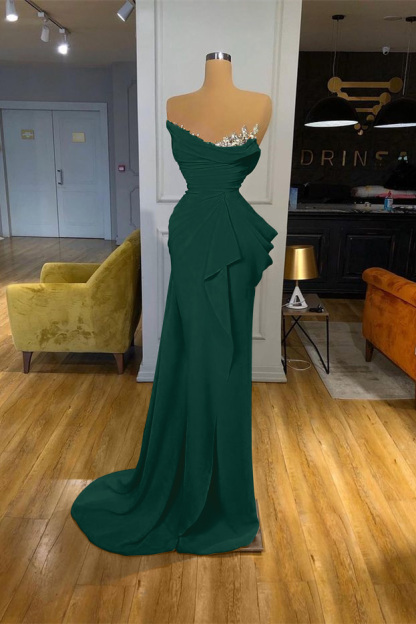 Orange Sequins Mermaid Online Strapless Pleated Prom Dress With Sleeveless