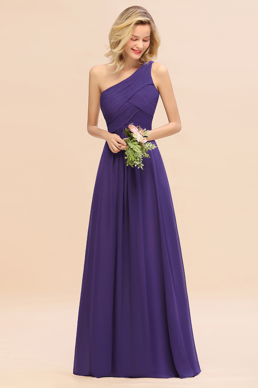 BMbridal Chic One Shoulder Ruffle Grape Chiffon Bridesmaid Dresses Online-BMbridal