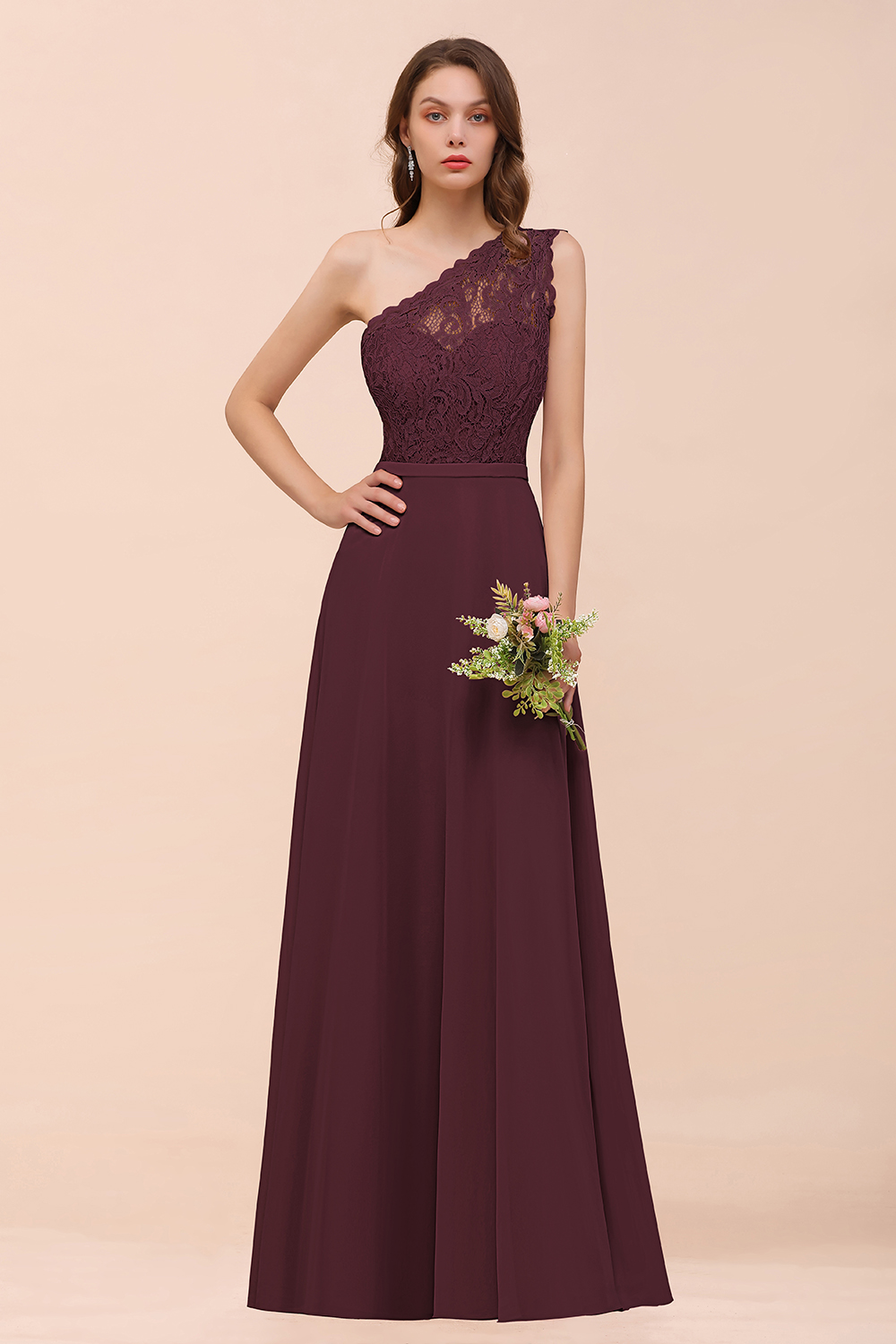 BMbridal New Arrival Dusty Rose One Shoulder Lace Long Bridesmaid Dress-BMbridal