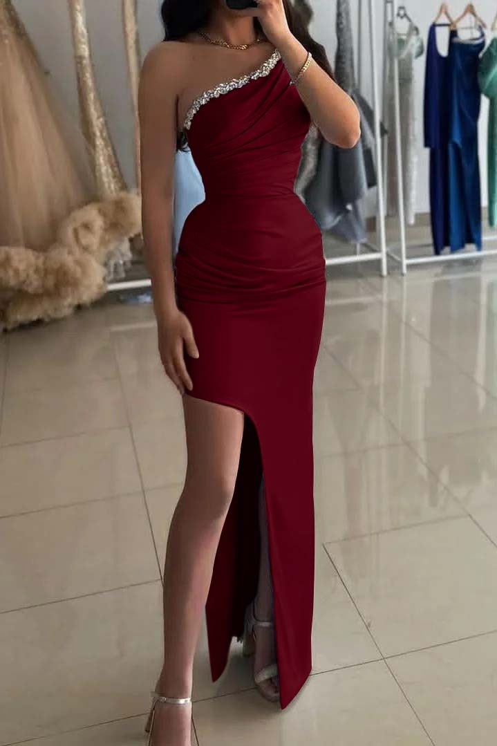 One Shoulder Sleeveless Split Long Prom Dress With Beading Pleated