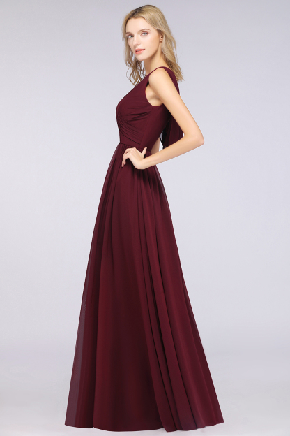 BMbridal Glamorous Chiffon V-Neck Sleeveless Burgundy Bridesmaid Dress with Draped Back-BMbridal