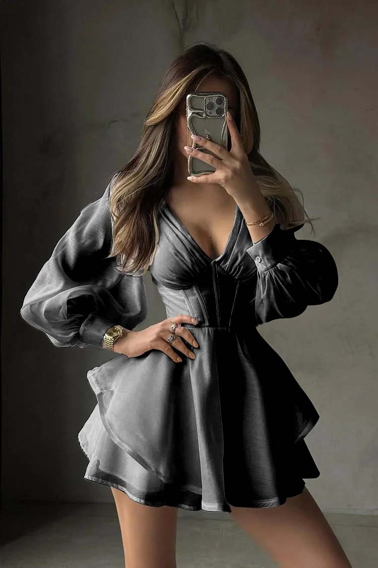 White Long Sleeves V Neck Short Prom Dress With Ruffles Pleated