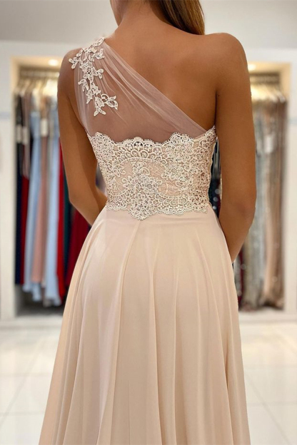 Glamorous One Shoulder Sleeveless Lace Appliques Prom Dress With Front Split