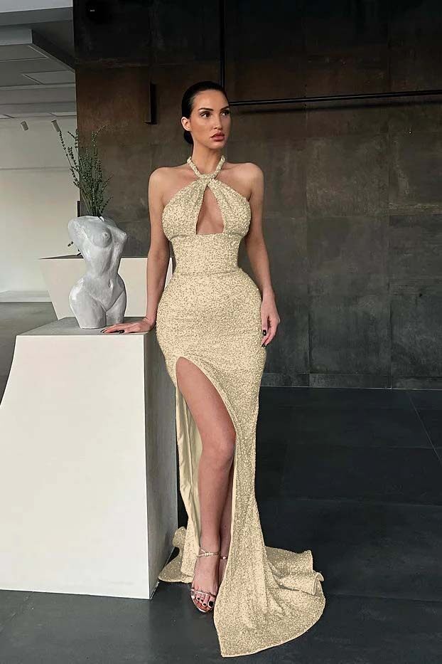 Halter Sleeveless Long Mermaid Prom Dress With Split Sequins