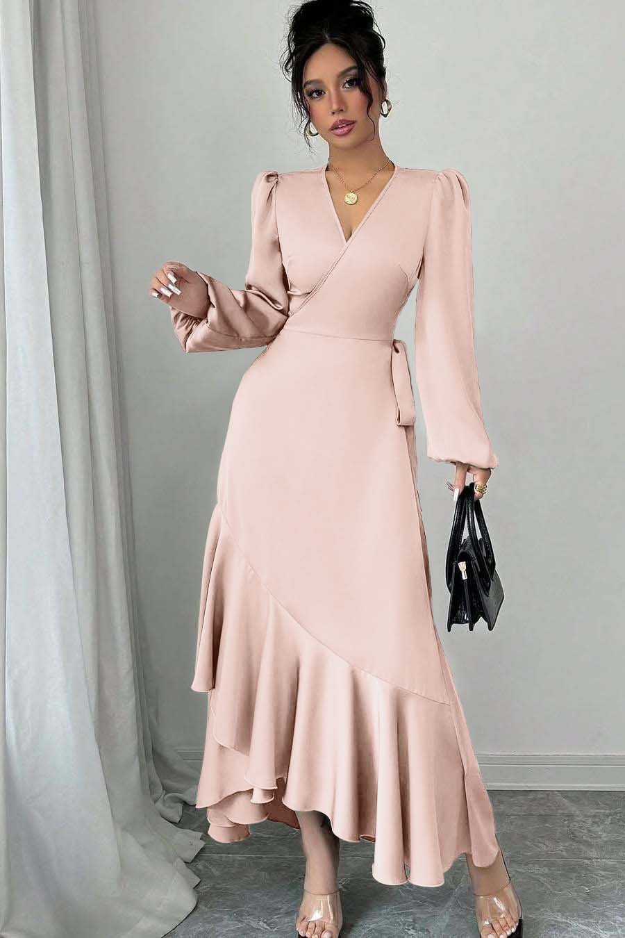 Shinning Long Sleeves V Neck Long Prom Dress With Ruffles Pleated