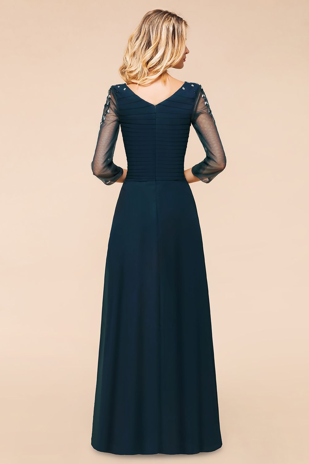 BMbridal Elegant 3/4 Sleeves Ruffle Navy Chiffon Bridesmaid Dresses with Beadings-BMbridal