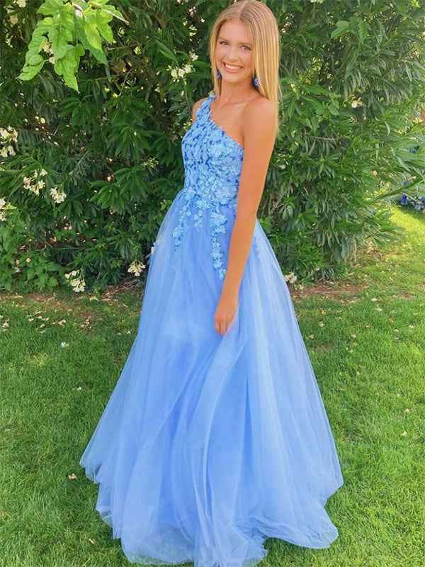 Blue A Line One Shoulder Tulle Long Prom Dress with Appliques