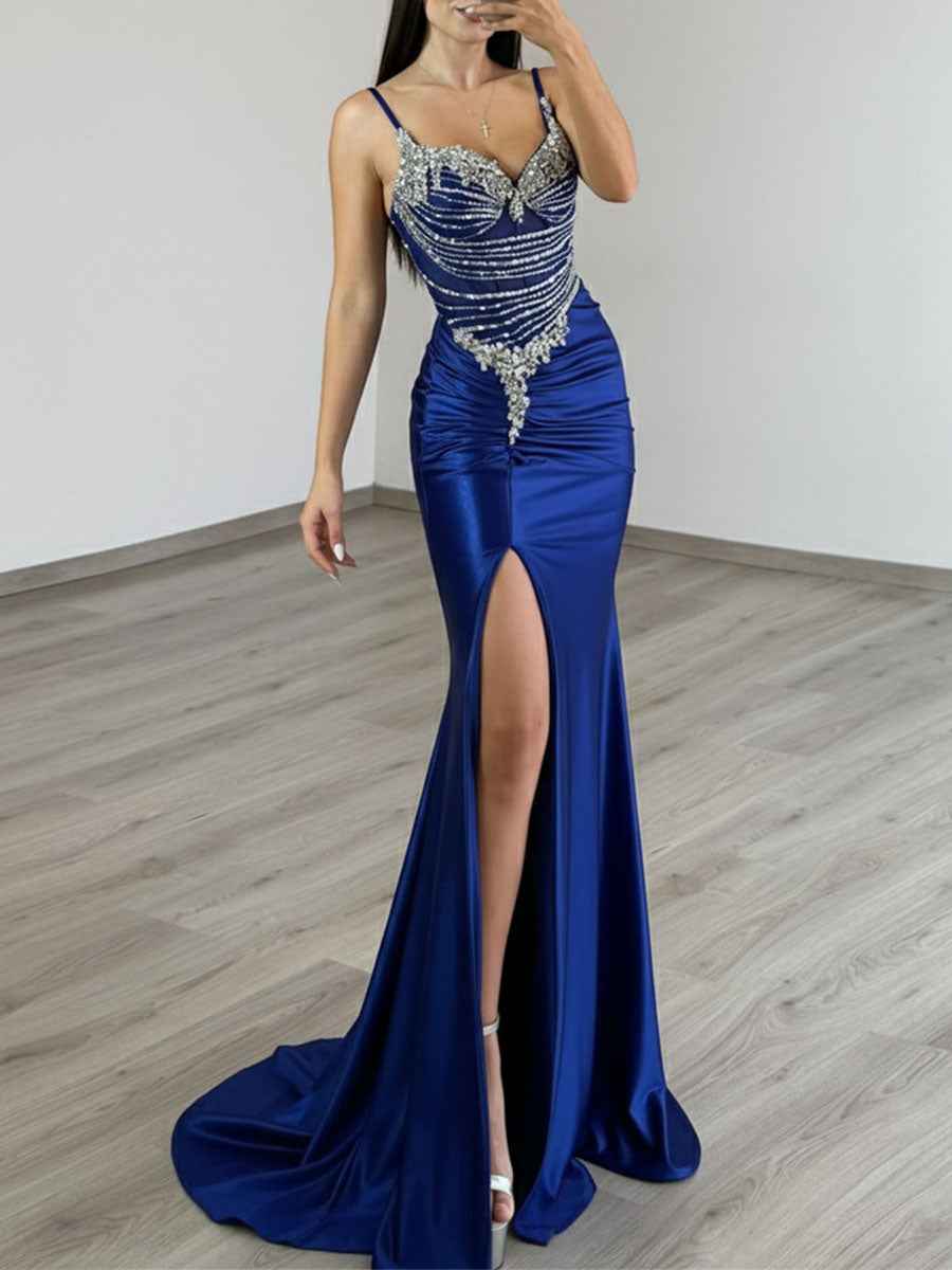 Gold Liquid Beaded Bodice Satin Prom Dress with Slit