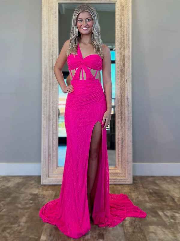 Hot Pink Mermaid One Shoulder Long Lace Prom Dress with Slit