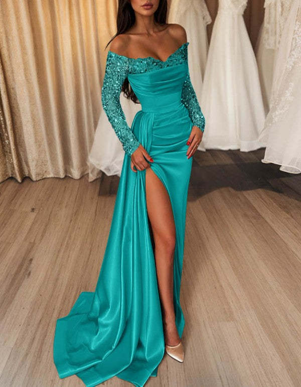 Off-the-Shoulder Floor-Length Prom Dress with Side Split and Sequins