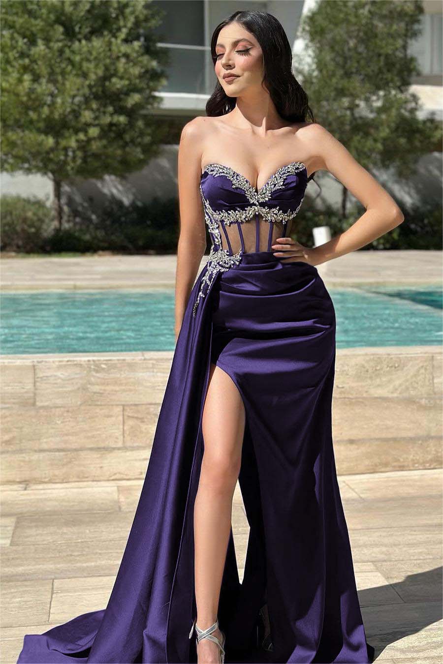 Stunning Black Strapless Sleeveless Long Split Pleated Prom Dress With Beading