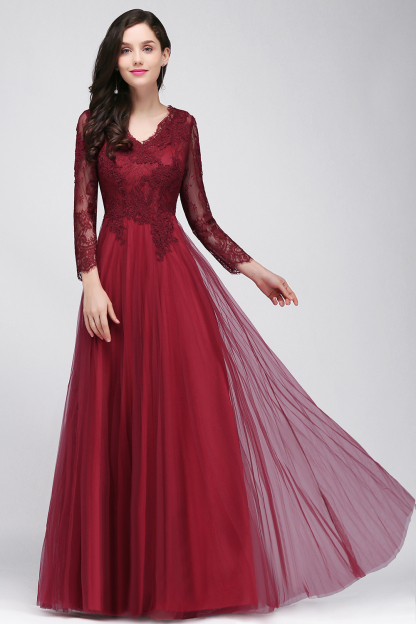 BMbridal Affordable Long Sleeves V-Neck Lace Burgundy Bridesmaid Dresses with Appliques-BMbridal