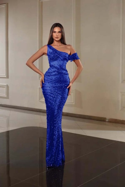 One Shoulder Sleeveless Long Mermaid Prom Dress With Beading