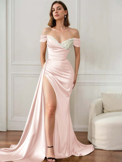 Elegant Off-the-Shoulder Evening Dresses with Strapless Design and Sweep Train