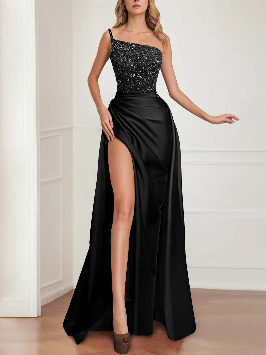 Fuchsia Floor-Length Sparkly Evening Gown Featuring a Split