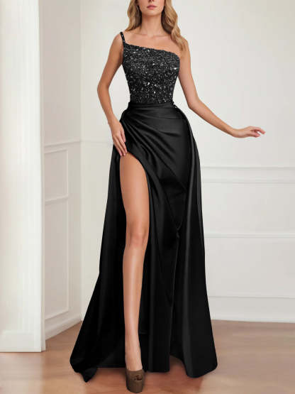 Fuchsia Floor-Length Sparkly Evening Gown Featuring a Split