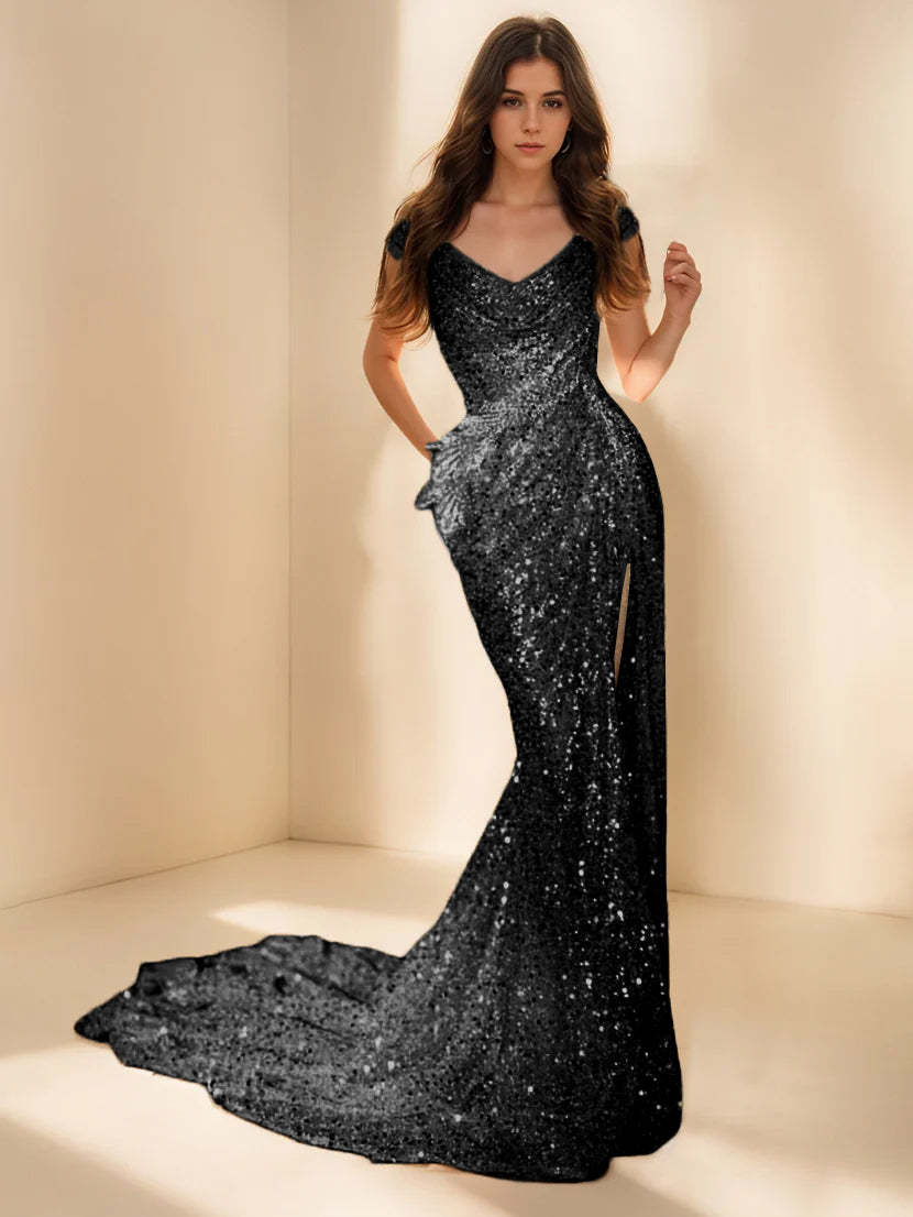 Evening Gown with Sparkly Sequin Sweep Train