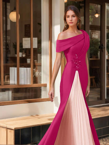 Evening Dresses with Ruffles & Appliques in Trumpet/Mermaid Style and Short One-Shoulder Sleeves