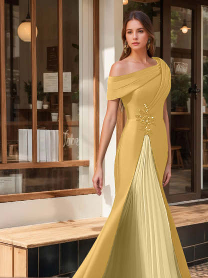 Evening Dresses with Ruffles & Appliques in Trumpet/Mermaid Style and Short One-Shoulder Sleeves
