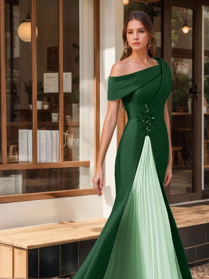 Evening Dresses with Ruffles & Appliques in Trumpet/Mermaid Style and Short One-Shoulder Sleeves