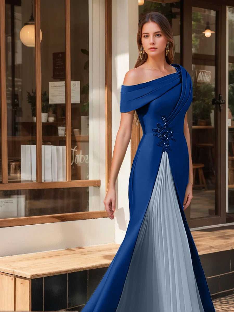 Evening Dresses with Ruffles & Appliques in Trumpet/Mermaid Style and Short One-Shoulder Sleeves