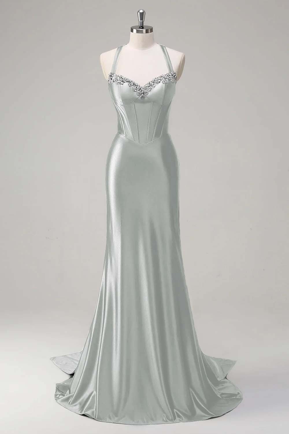 Halter Sleeveless Long Mermaid Prom Dress With Beading Pleated