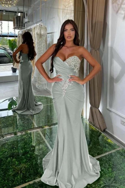Strapless Sleeveless Long Mermaid Prom Dress With Pleated Beading