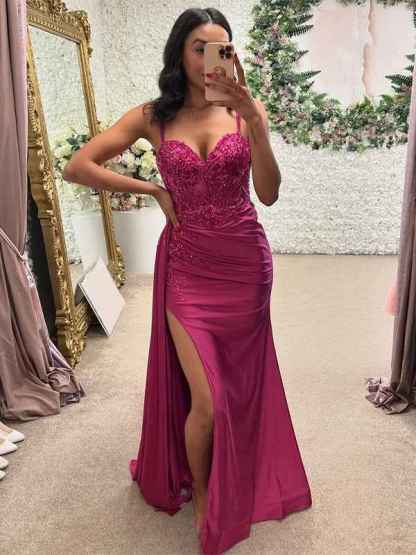 Fuchsia Mermaid Spaghetti Straps Long Prom Dress with Appliques