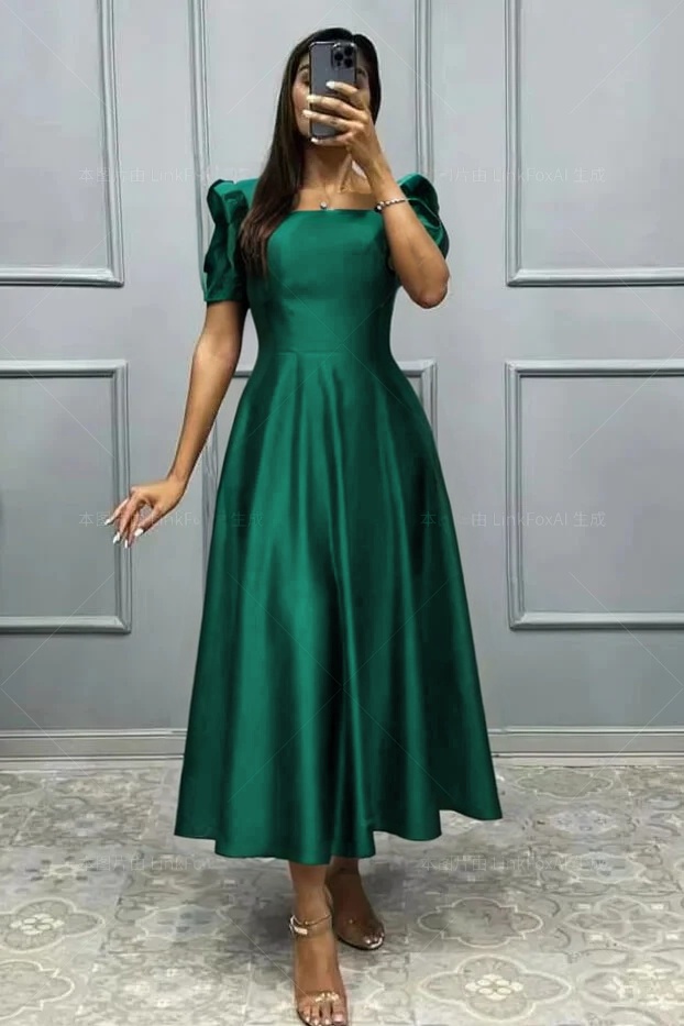 Elegant Square A Line High Waist Pleated Prom Dress With Short Sleeves