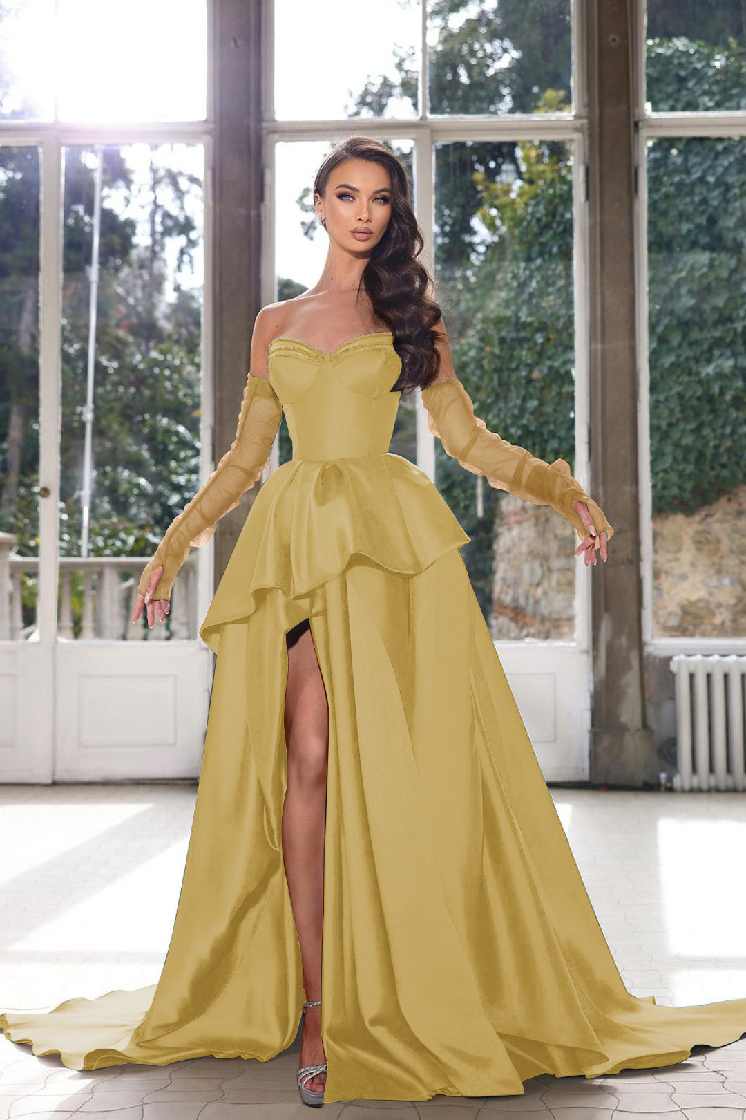 Glamorous Half Sleeves Ink Blue Prom Dress Strapless With High Split Gown